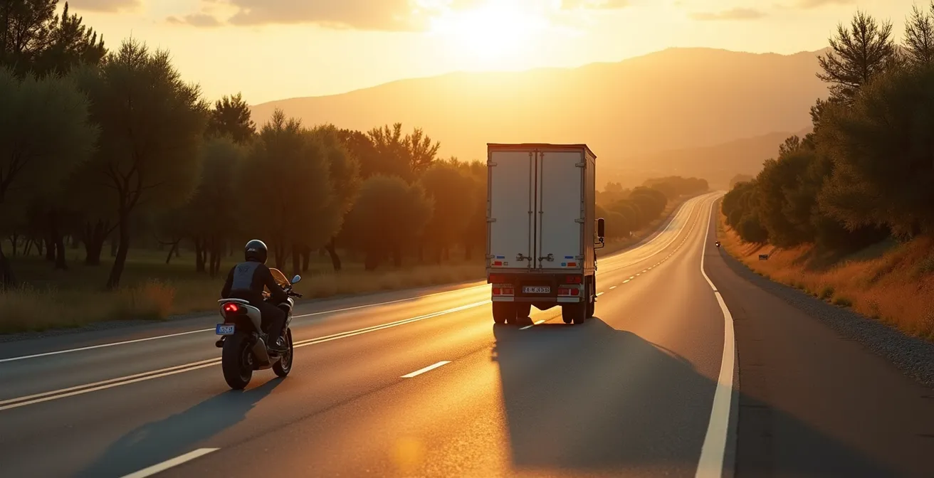 Vista de motorista adelantando camión en carretera nacional española con señalización