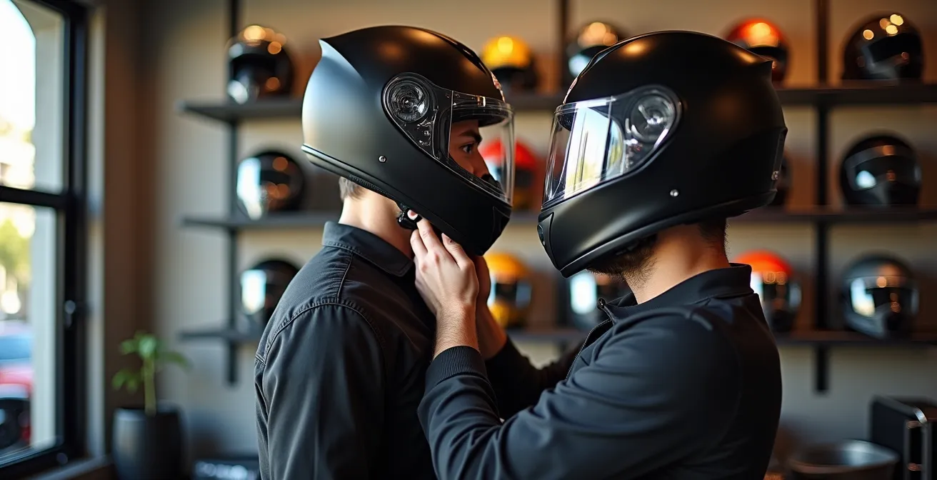 Persona probándose un casco de moto en tienda con técnico midiendo el contorno de cabeza