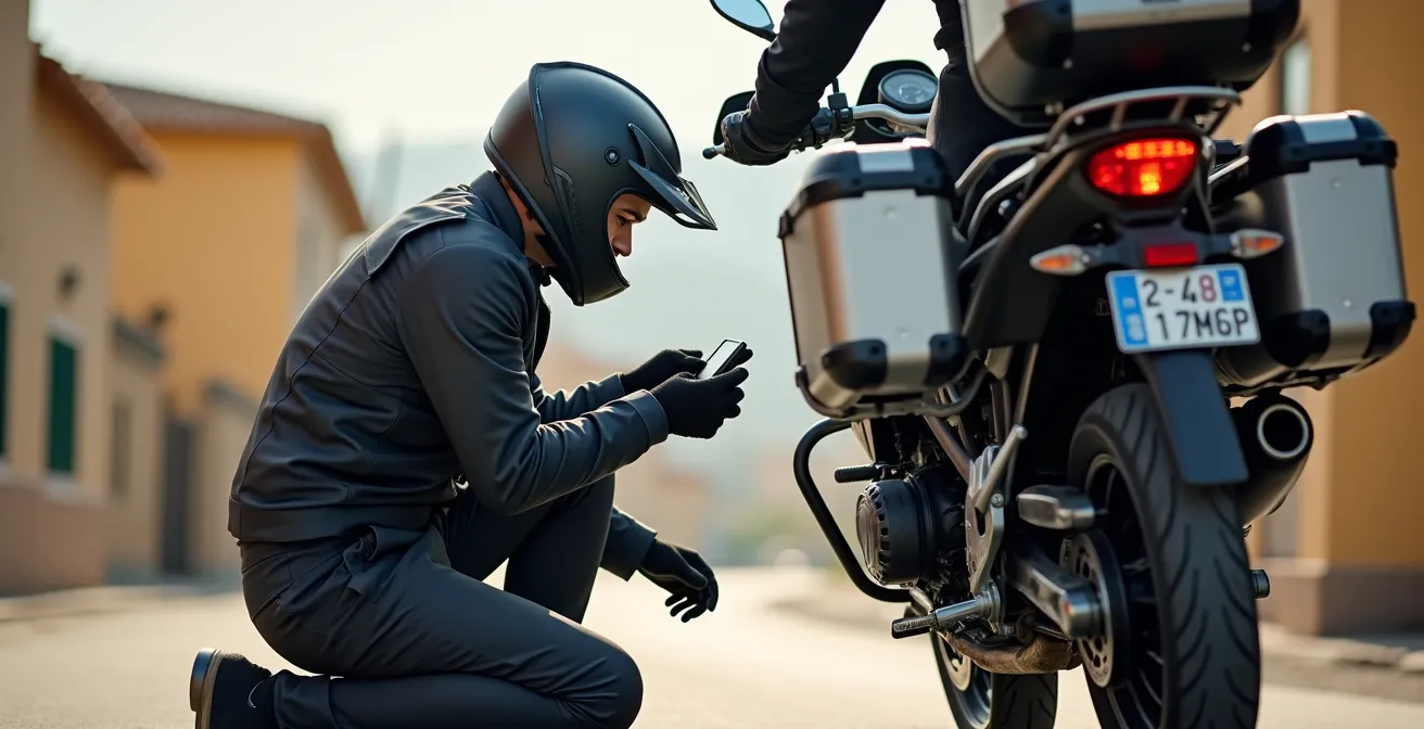 Moto con maletas laterales mostrando la correcta presión de neumáticos
