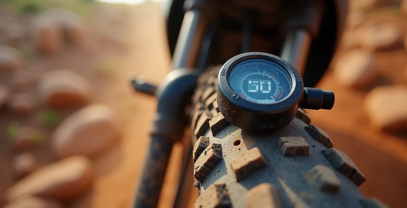 Detalle macro de válvula de neumático trail con manómetro digital mostrando medición