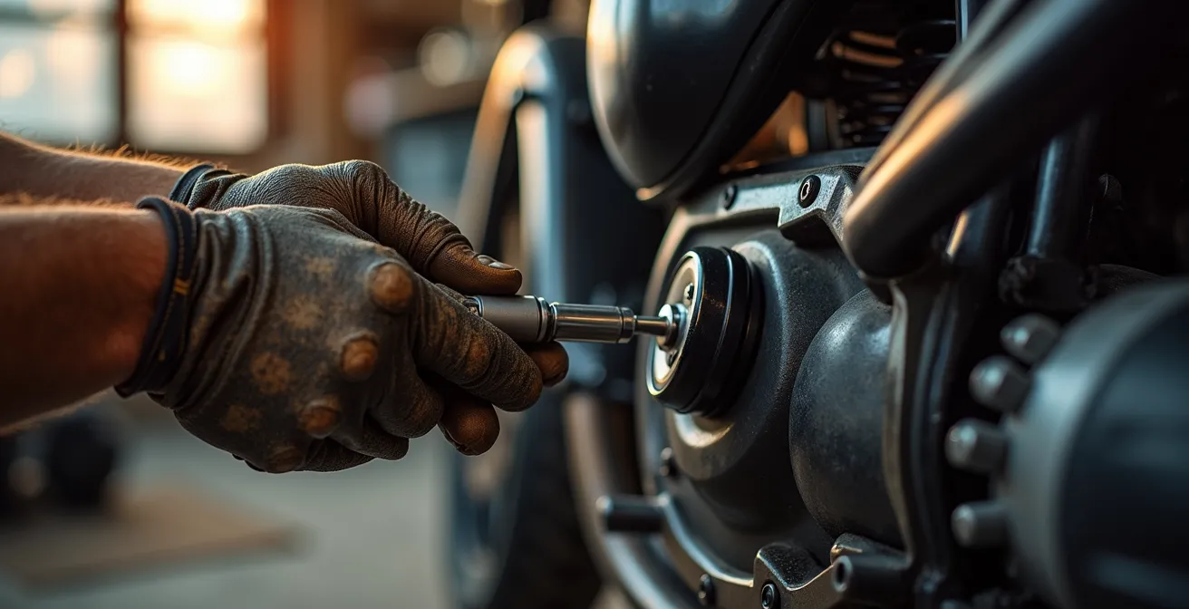 Mecánico ajustando suspensión manual en taller profesional
