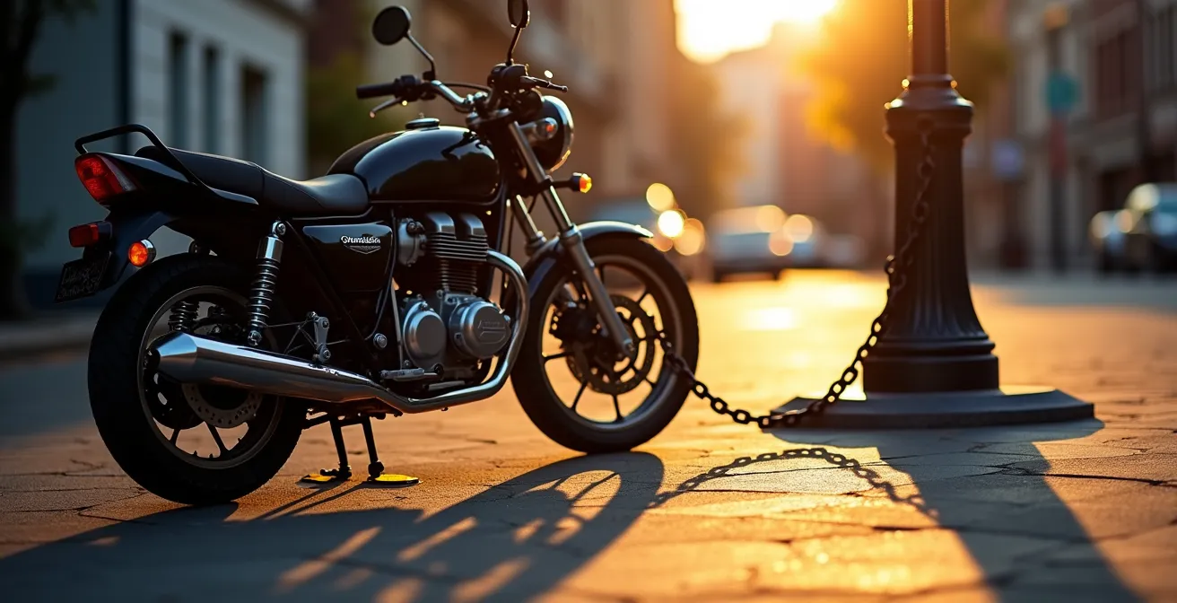 Comparación visual de sistemas de anclaje legal vs ilegal para motos en espacios urbanos