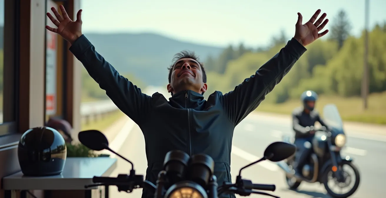 Motorista descansando y estirando en área de servicio durante parada estratégica