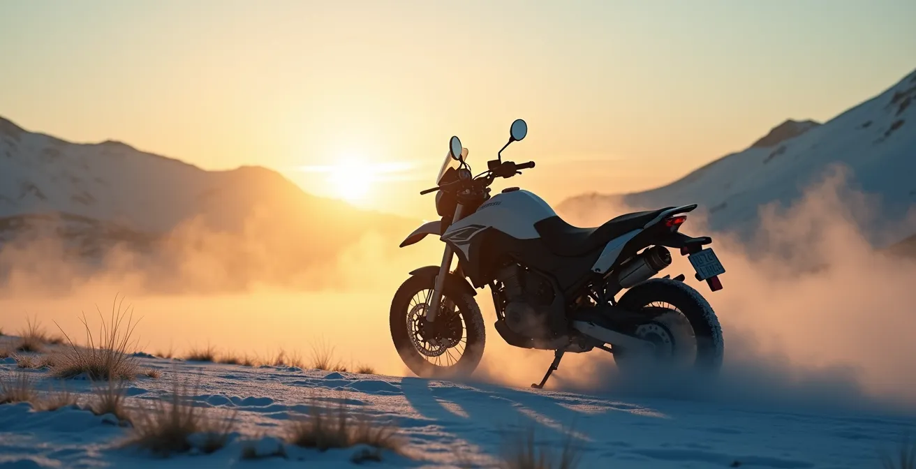 Motocicleta arrancando en ambiente invernal con sistema electrónico visible