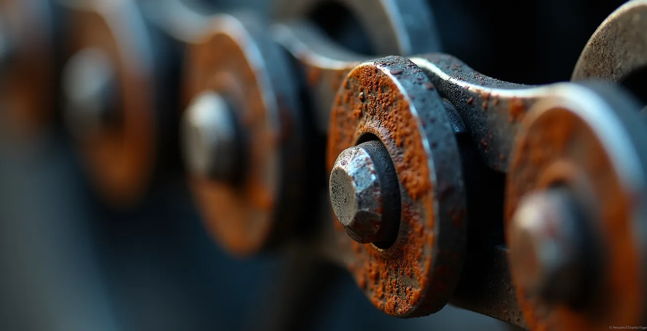 Detalle macro de eslabones de cadena de moto mostrando signos de desgaste y corrosión