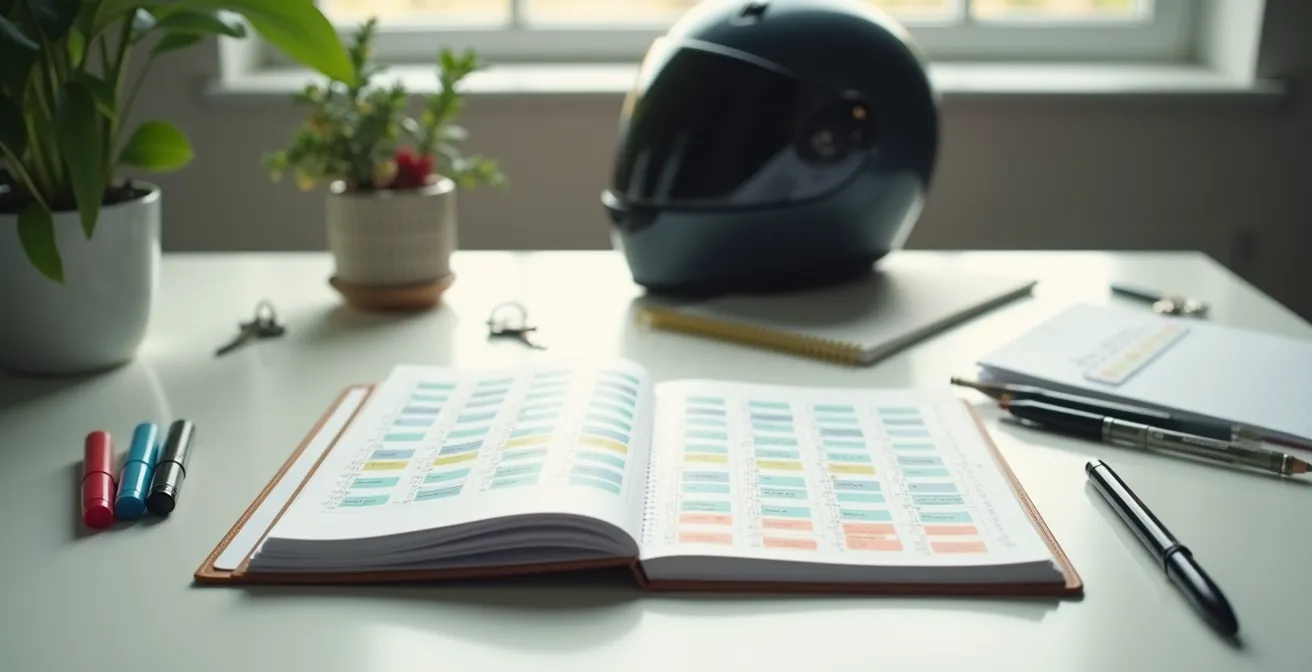 Calendario con marcas y anotaciones sobre una mesa de estudio con casco de moto al fondo