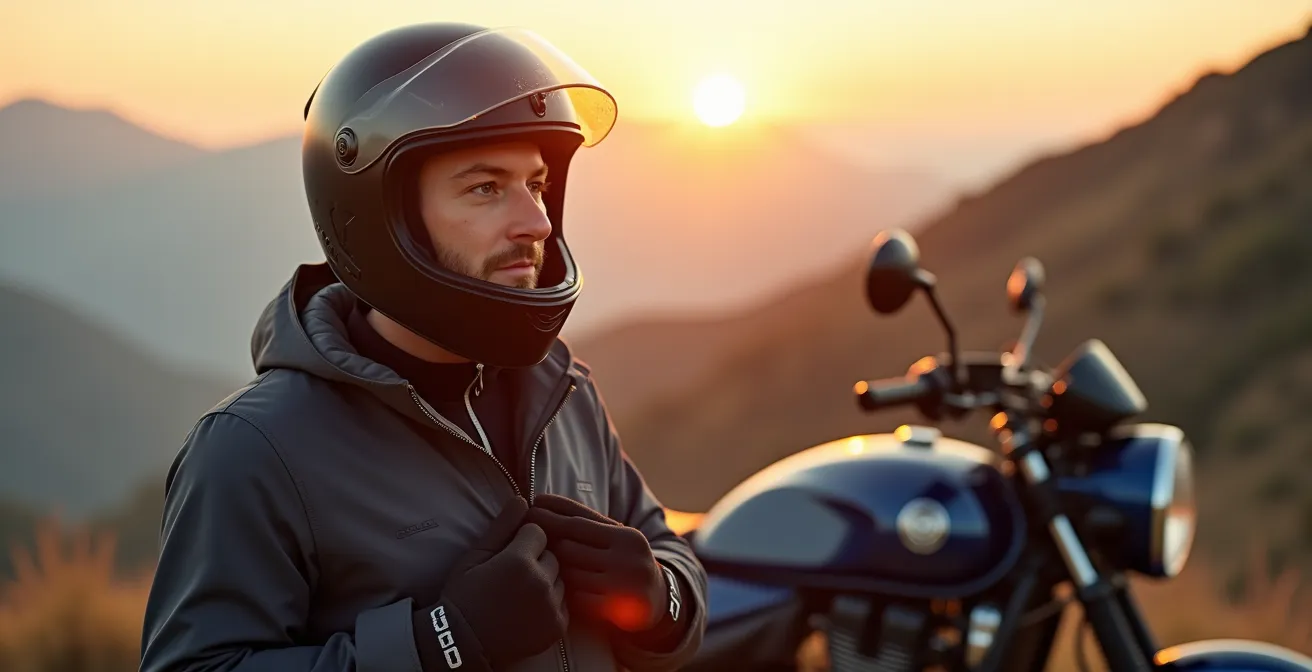 Motorista equipándose con capas adicionales en puerto de montaña al atardecer