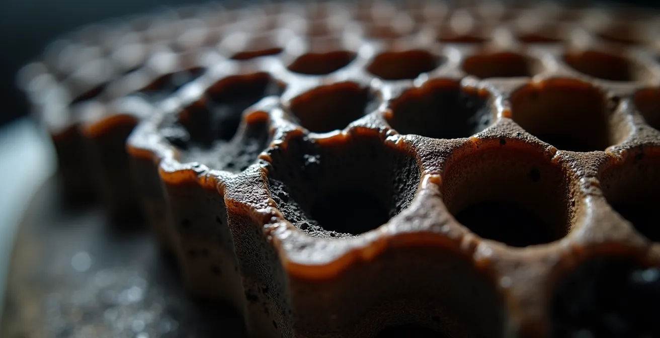 Vista macro del interior de un catalizador mostrando obstrucción por carbonilla