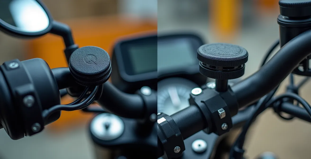 Comparación visual entre pantalla TFT integrada con amortiguación y soporte de manillar con sistema antivibración