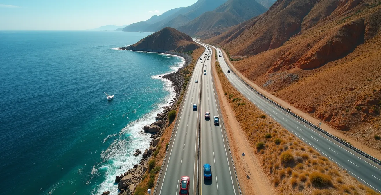 Vista aérea comparando carretera costera congestionada y carretera interior vacía