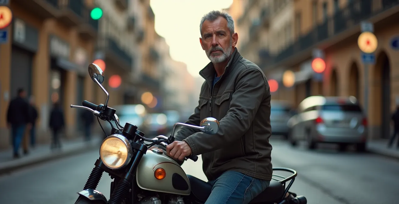 Moto clásica estacionada durante fin de semana en zona urbana española