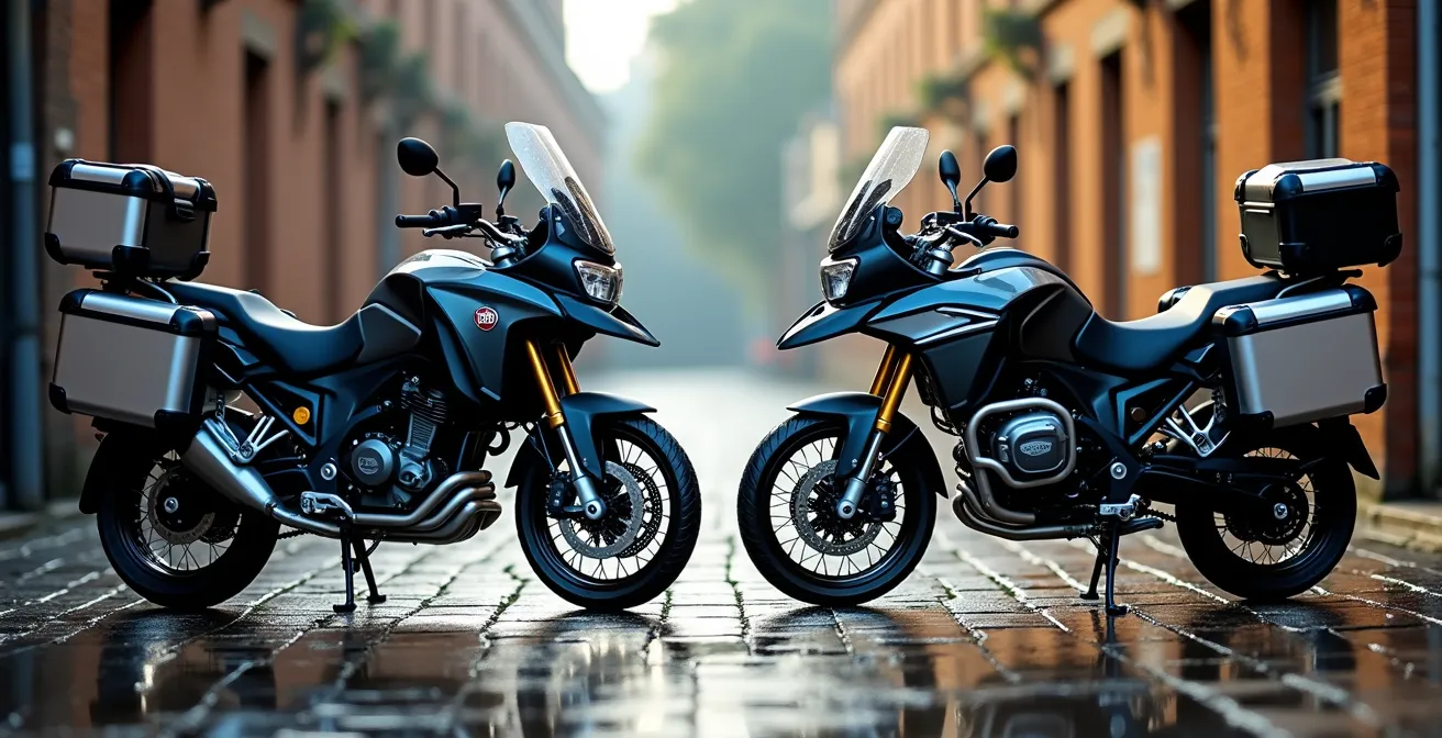 Comparación visual entre maletas de aluminio y bolsas estancas en moto touring