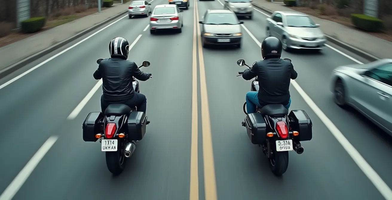 Comparación visual de una moto con y sin maletas laterales en tráfico urbano