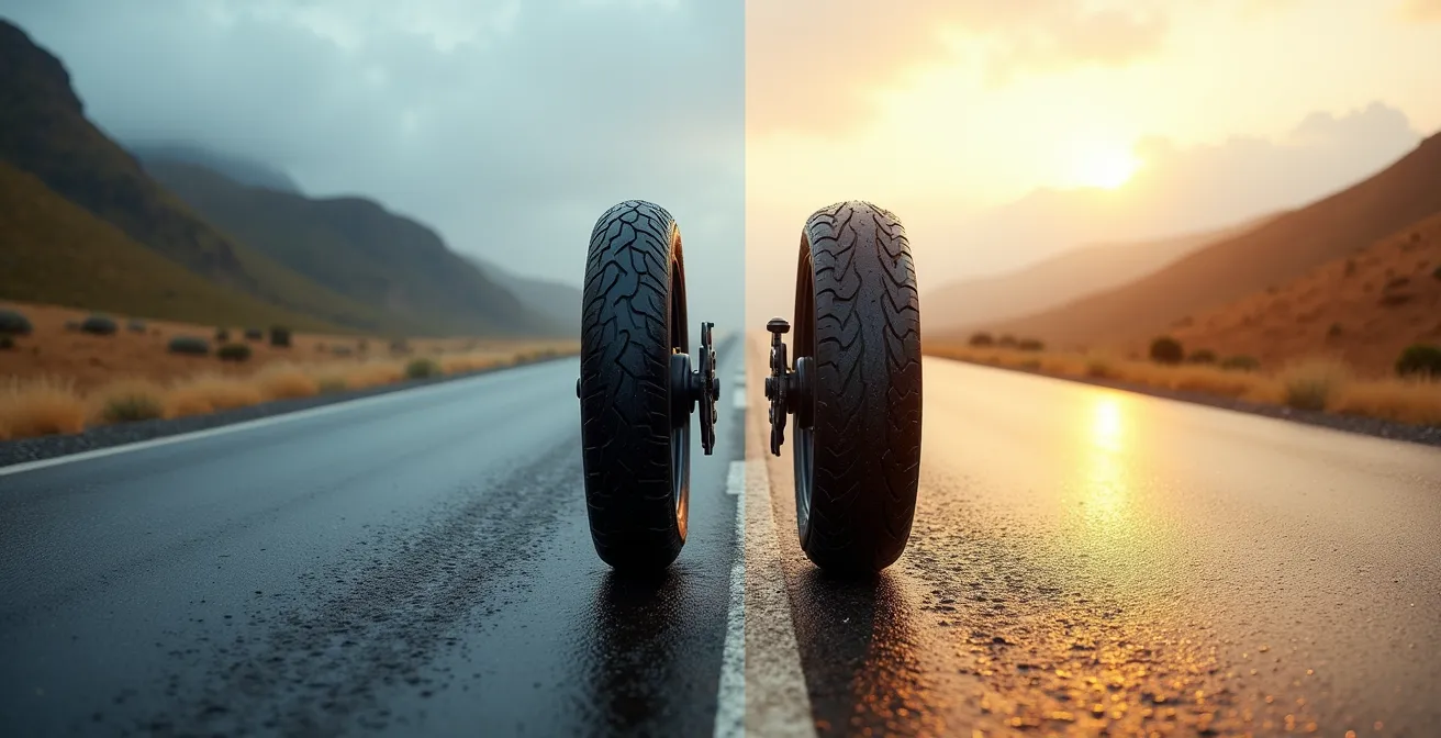 Comparación visual de neumáticos sport y touring en diferentes condiciones climáticas