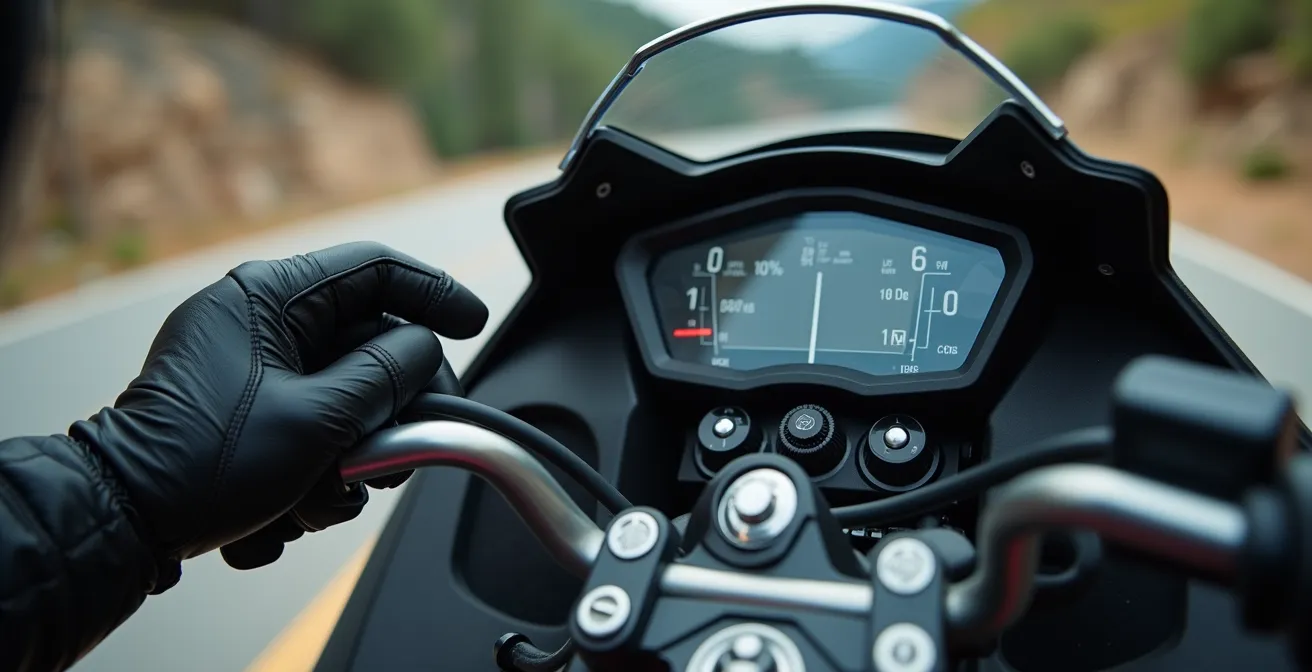 Panel de control de moto mostrando ajustes para carretera de montaña con asfalto irregular