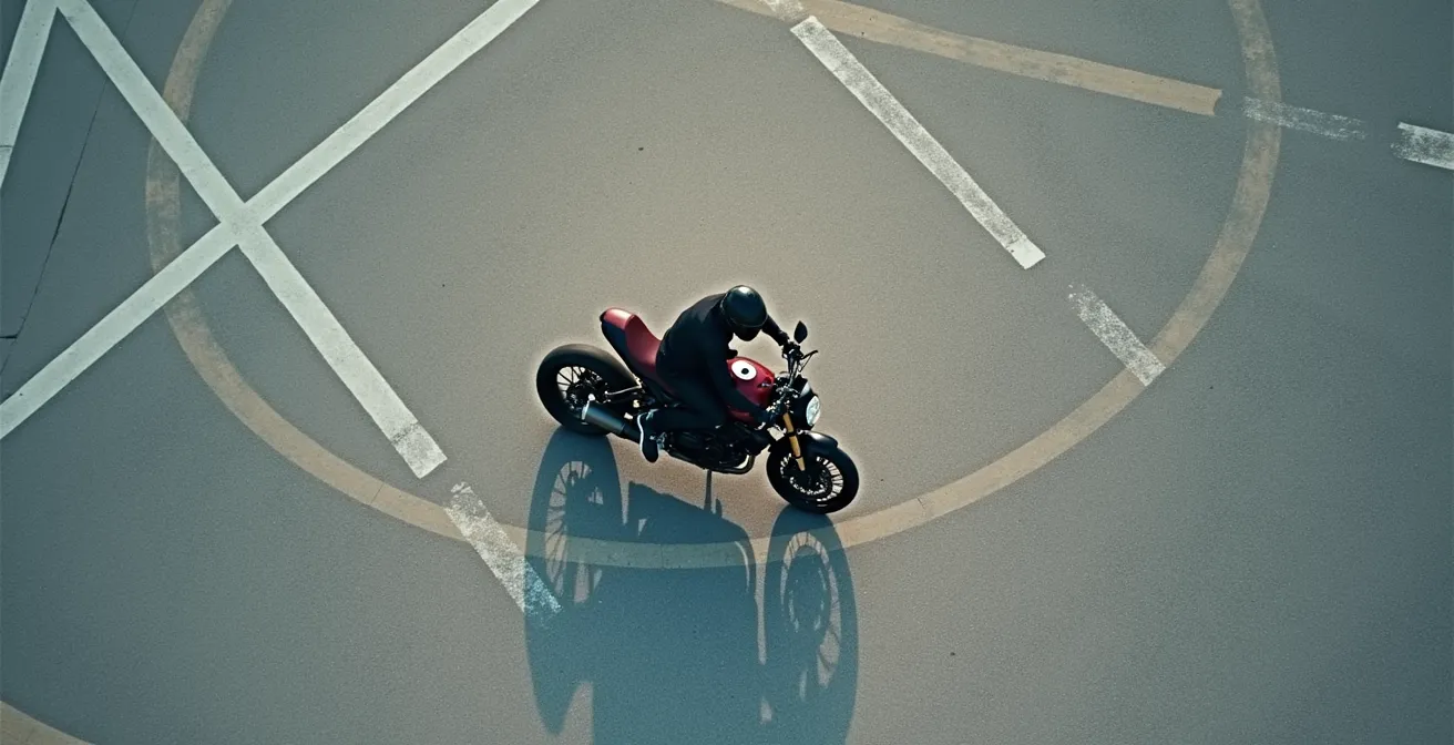 Vista aérea minimalista de motocicleta iniciando inclinación mediante contramanillar