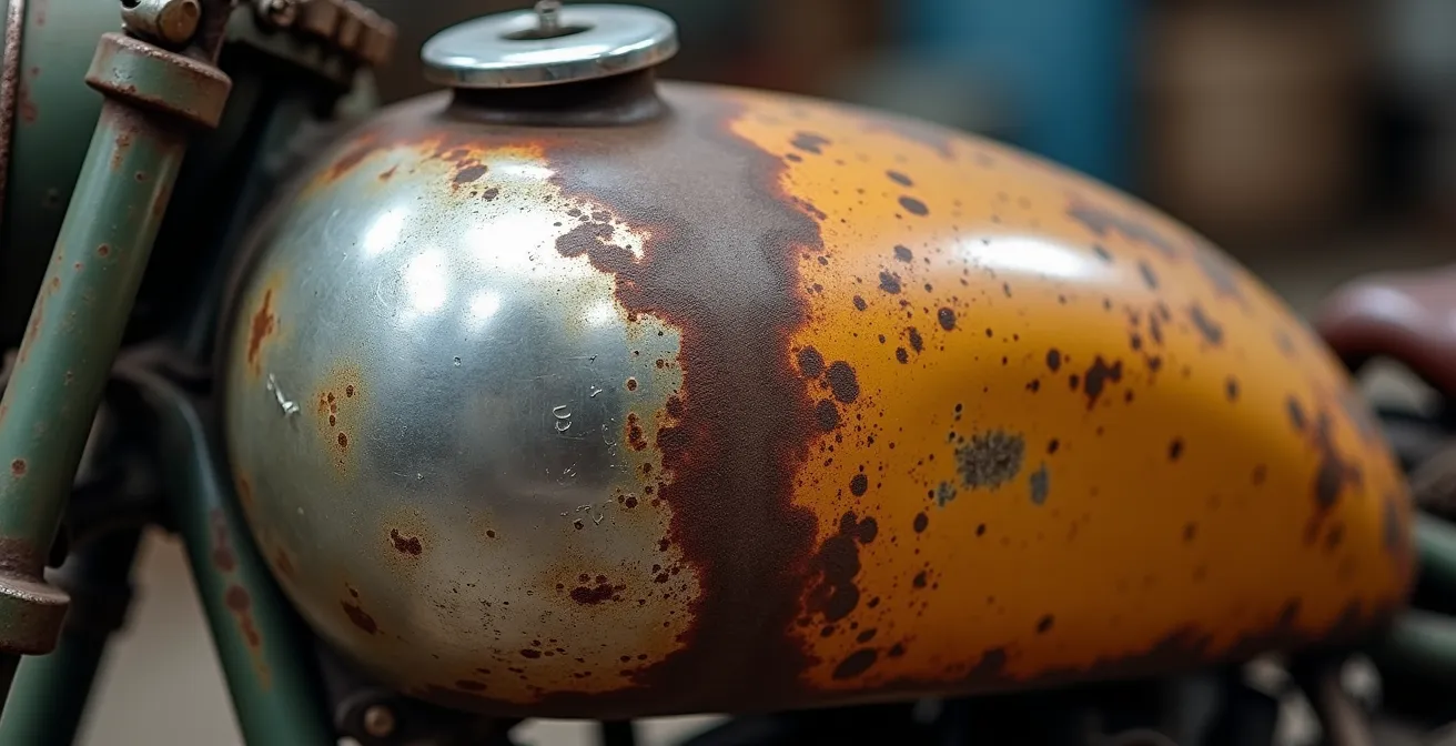 Proceso de sellado interior de depósito de moto clásica con resina epoxi