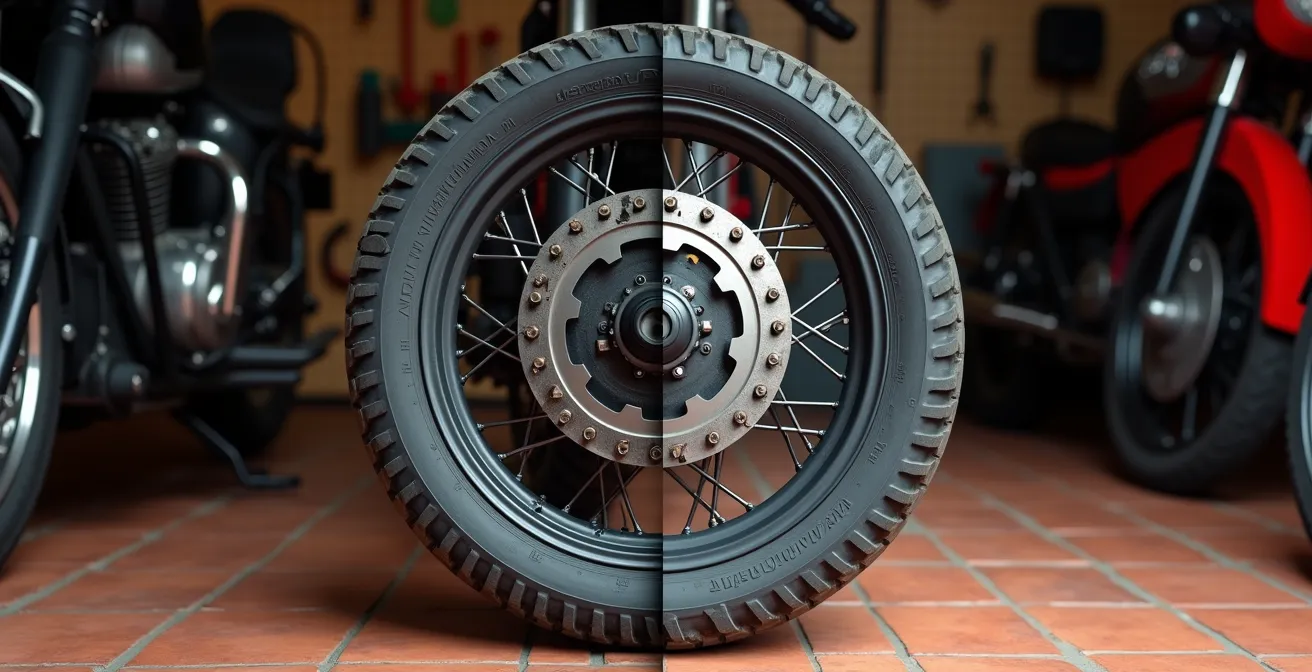 Detalle visual del desgaste irregular en el flanco de un neumático de moto indicando problemas de suspensión