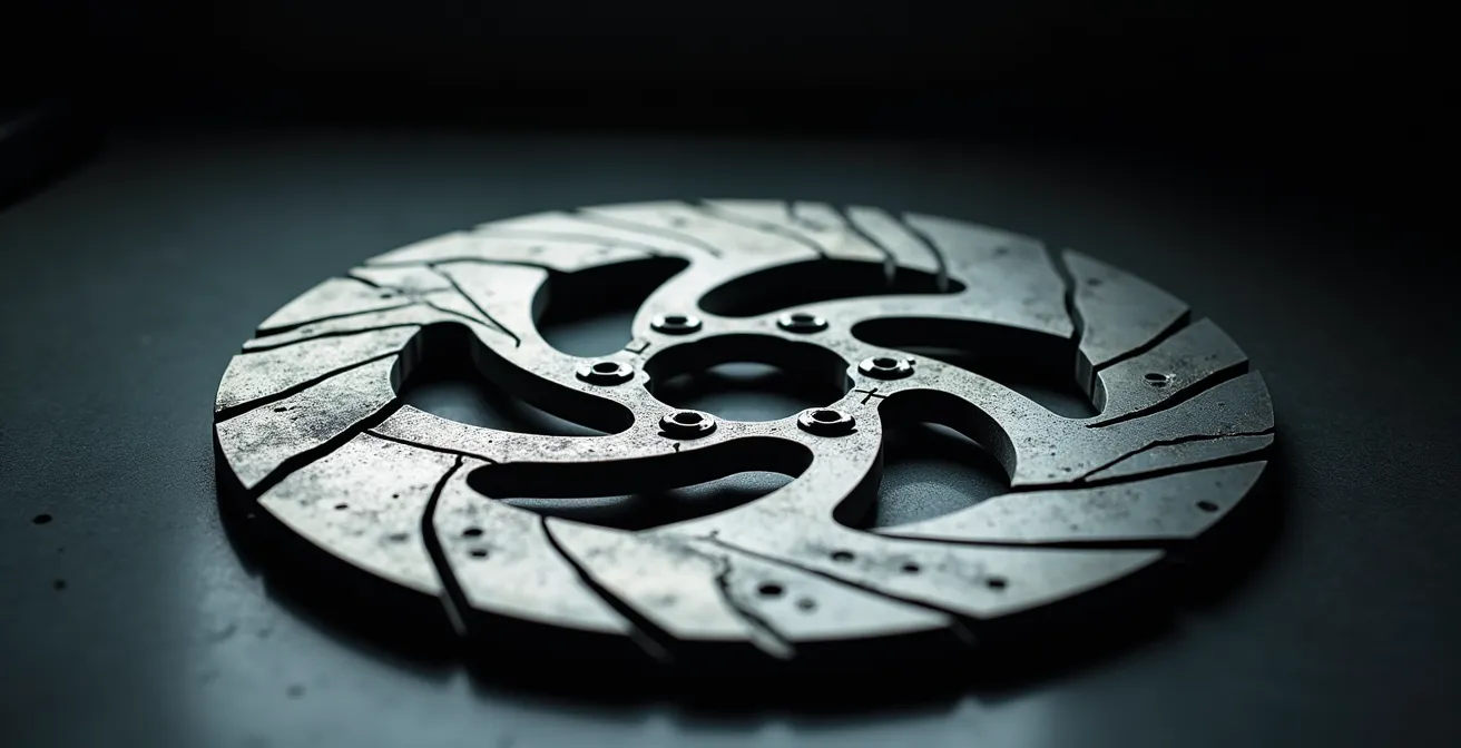 Disco de freno de motocicleta fracturado por estrés térmico mostrando grietas radiales