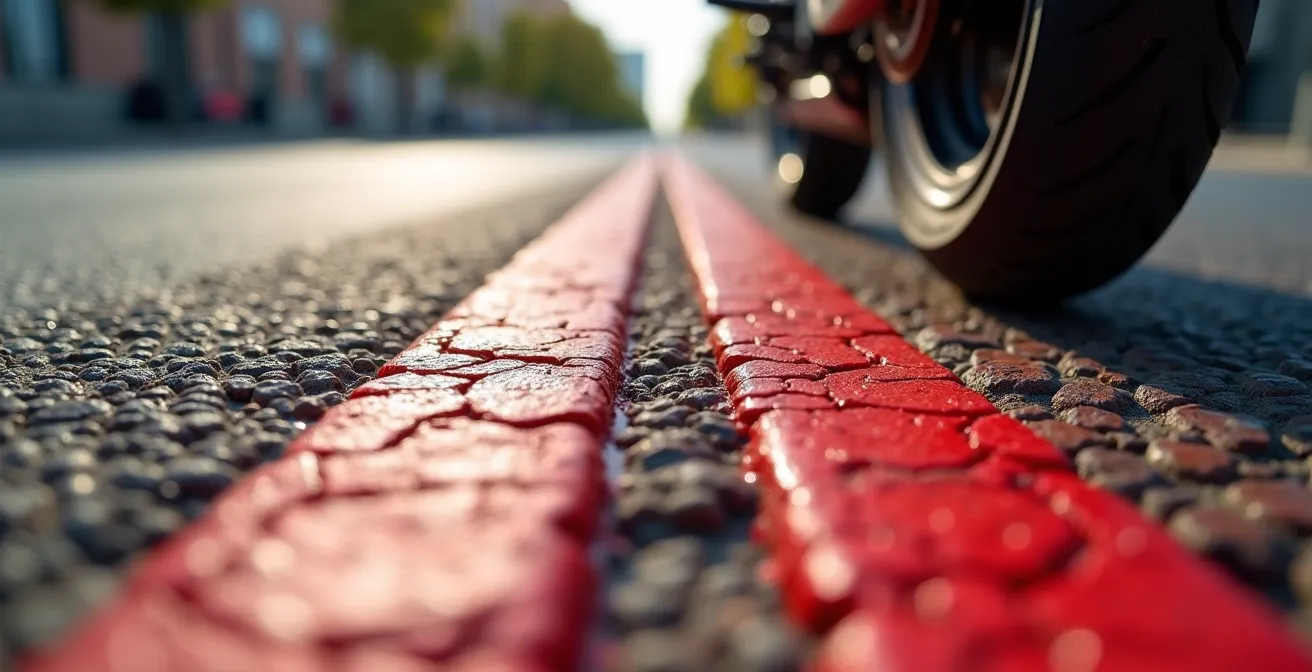 Detalle de doble línea roja pintada en el asfalto marcando entrada a zona restringida