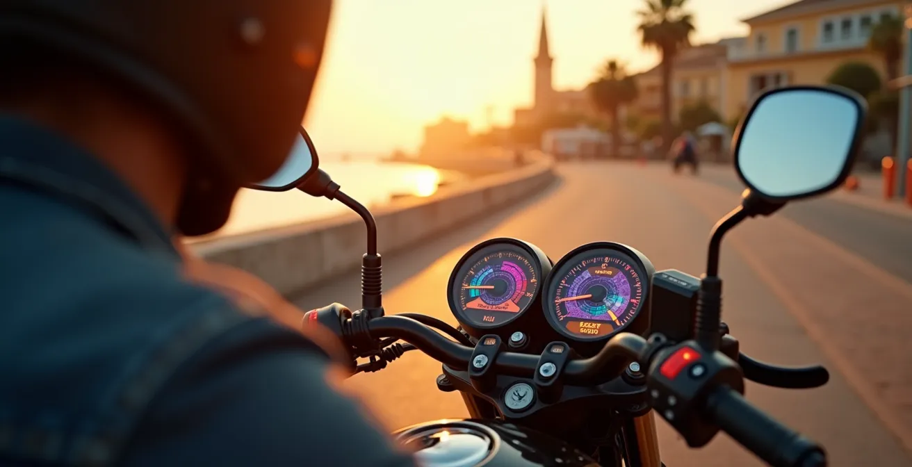 Vista de pantalla TFT de moto bajo intenso calor veraniego con efectos de distorsión térmica