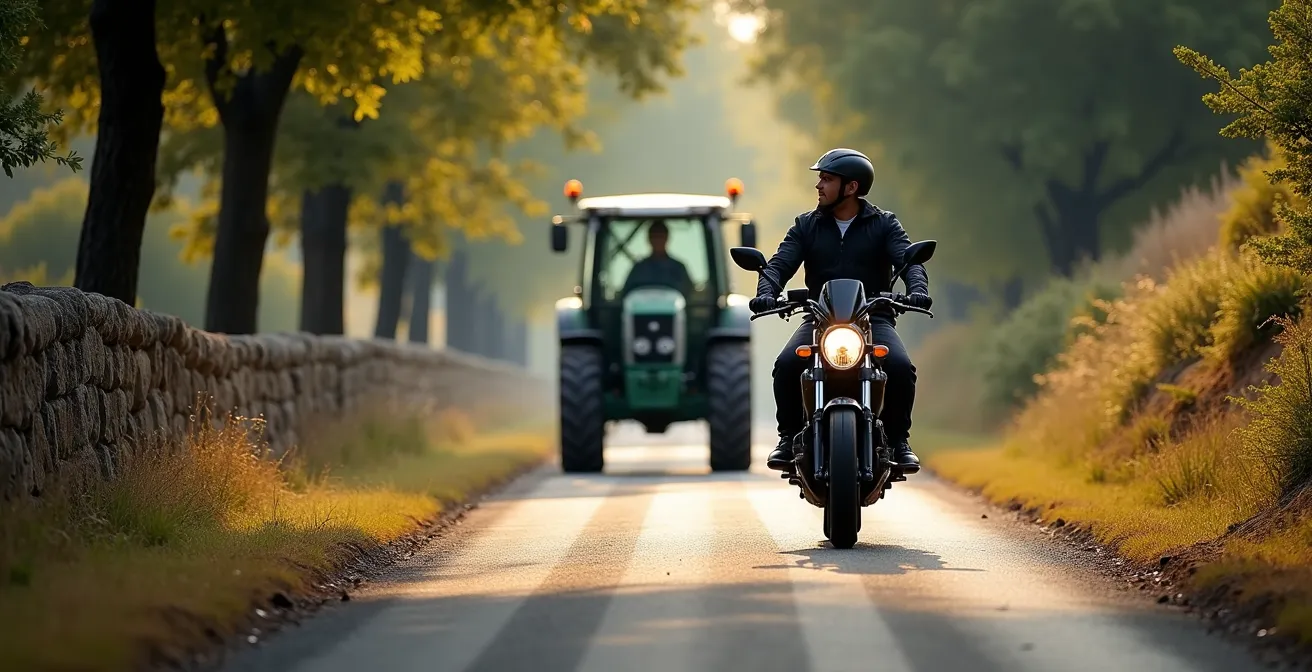 Motociclista esperando pacientemente detrás de un tractor en una estrecha carretera rural española