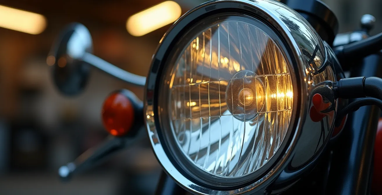 Detalle macro de un faro LED clásico mostrando el marcado de homologación europea