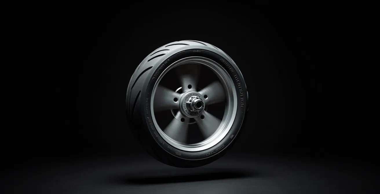 Diagrama técnico del efecto giroscópico en una rueda de moto con vectores de fuerza