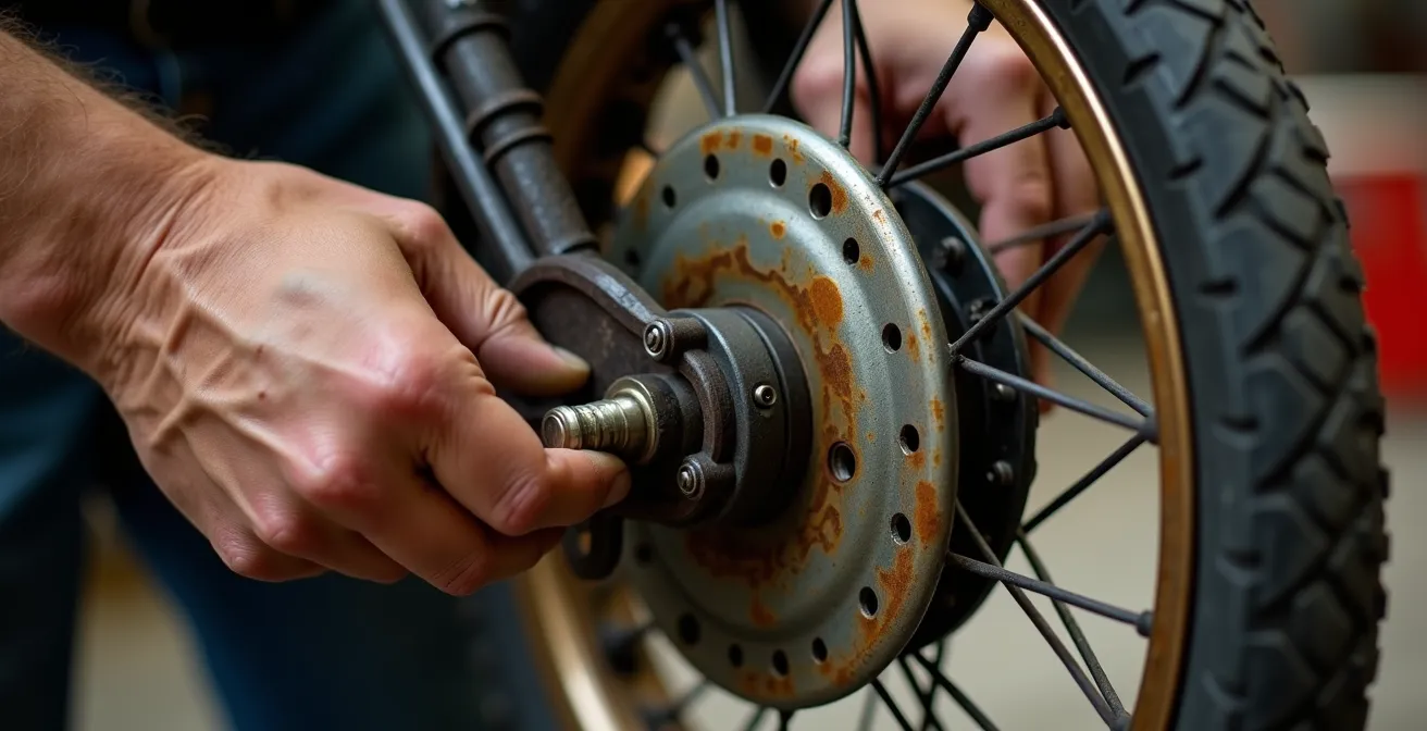 Sistema de freno de tambor vintage abierto mostrando zapatas y mecanismo interno