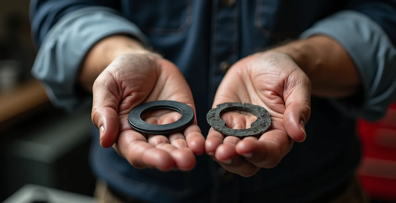 Comparación visual de juntas de carburador nuevas y deterioradas por etanol E10