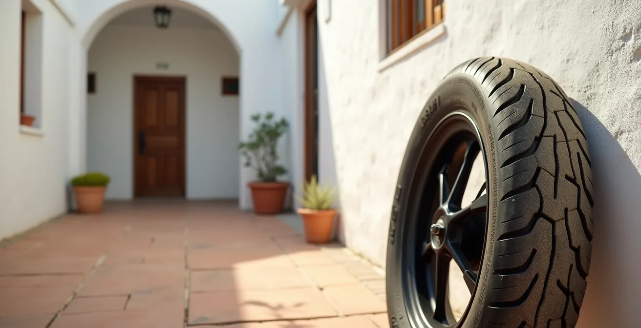 Vista detallada de microgrietas en los surcos de un neumático envejecido por el sol del sur de España
