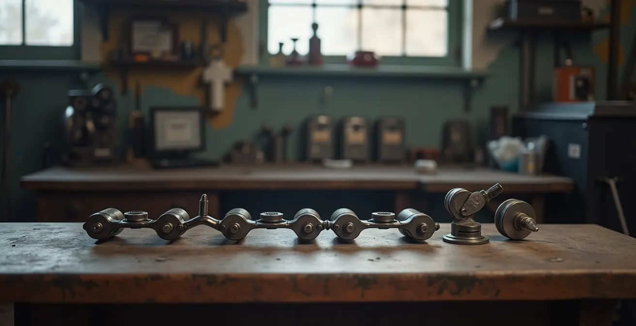 Vista minimalista de herramientas profesionales de remachado en banco de trabajo