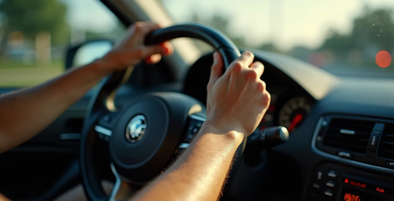 Vista macro de manos en volante mostrando indecisión del conductor
