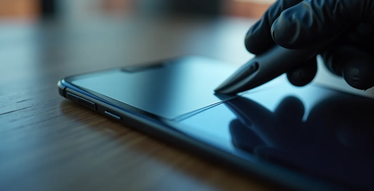 Manos instalando protector mate en pantalla TFT de motocicleta