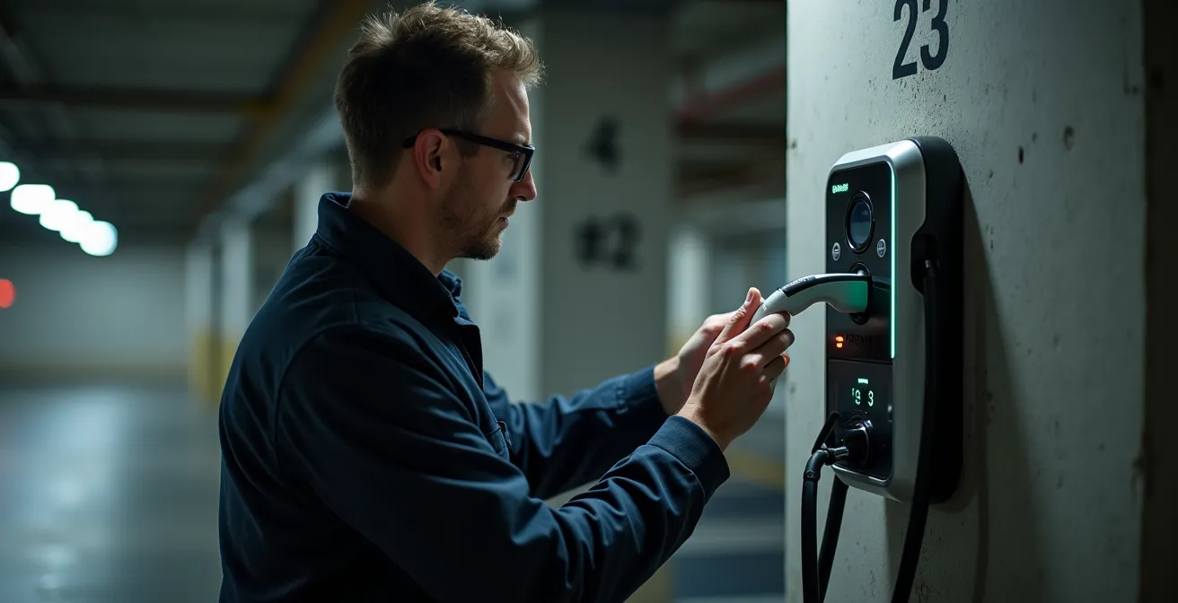 Vista de instalación de punto de carga en plaza de garaje comunitaria