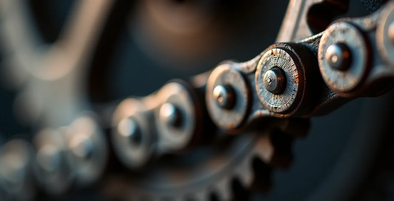 Detalle macro del kit de arrastre de una moto mostrando desgaste en cadena y piñón