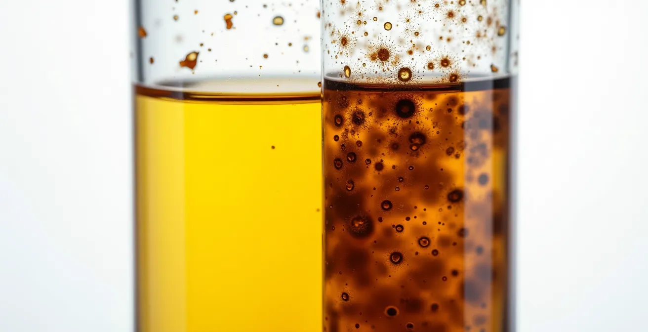 Comparación visual entre líquido de frenos limpio dorado y oscuro contaminado en depósitos de moto