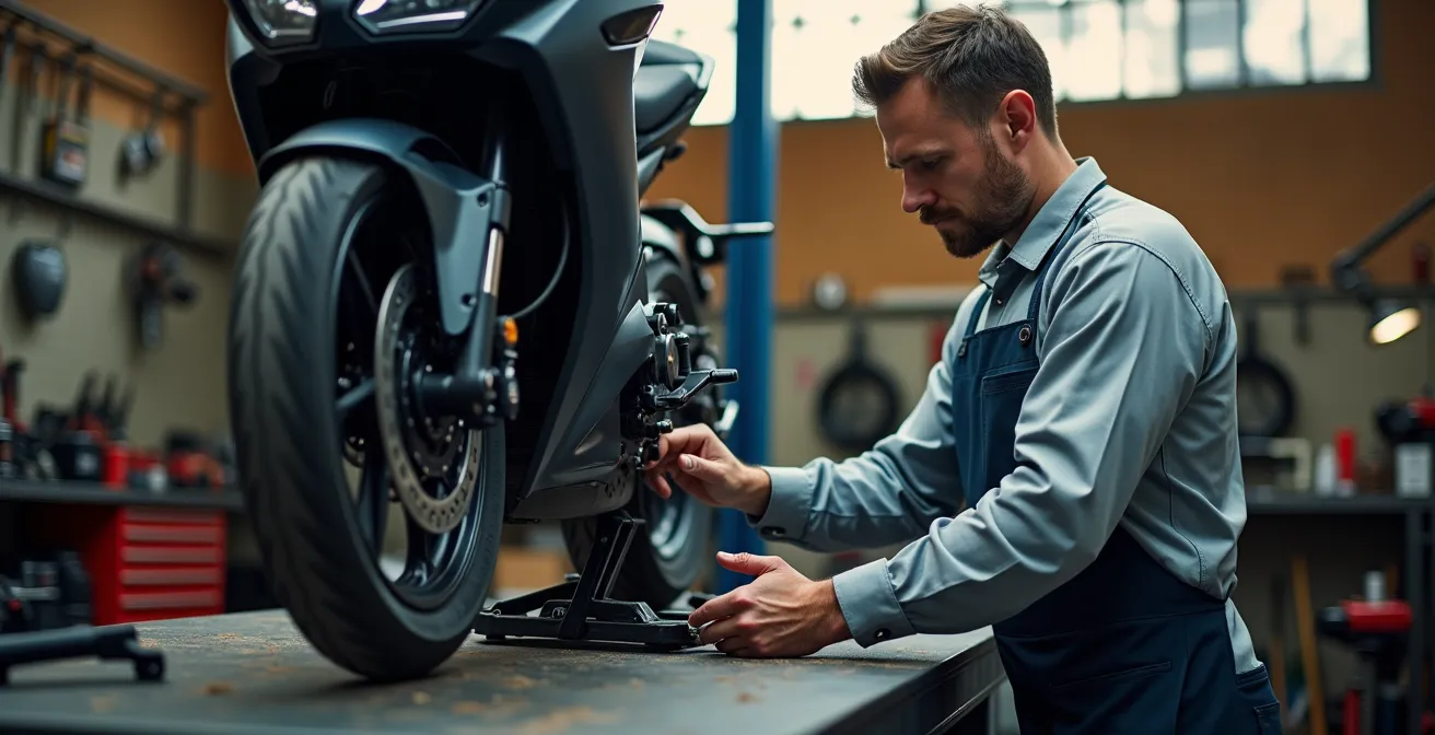 Mecánico trabajando en el sistema de transmisión de una moto eléctrica en un taller especializado