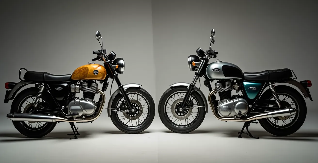 Comparación visual entre moto con pátina original y moto restaurada en estudio