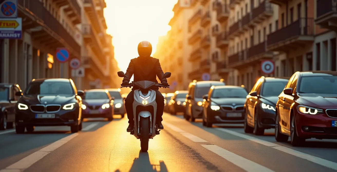 Moto eléctrica circulando entre el tráfico urbano de Madrid al atardecer