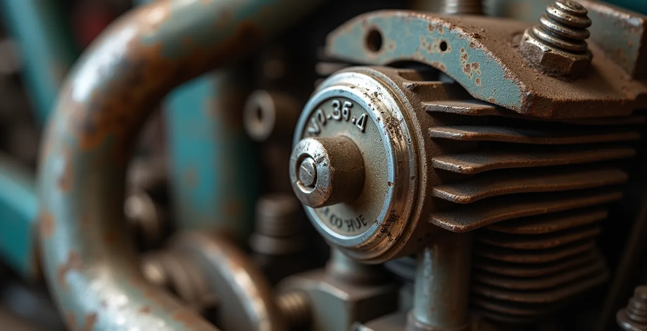 Detalle macro de piezas originales de motocicleta histórica española mostrando pátina auténtica