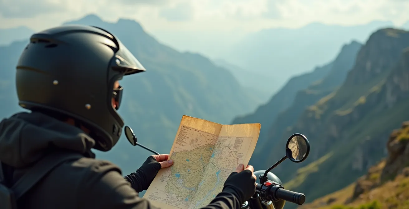 Motocicleta trail detenida en mirador de montaña de los Picos de Europa con motorista consultando mapa físico
