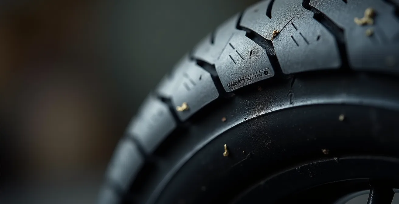Vista macro del perfil de neumático de moto mostrando diferencias geométricas en la curvatura