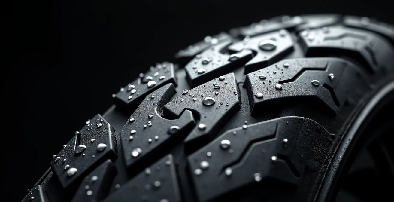 Detalle macro del diseño de surcos en neumático sport-touring para evacuación de agua