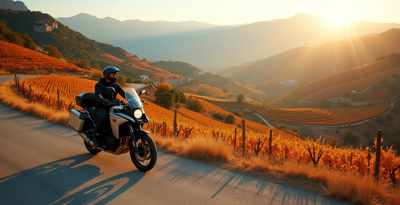 Vista panorámica de carretera serpenteante entre viñedos dorados en otoño con moto touring