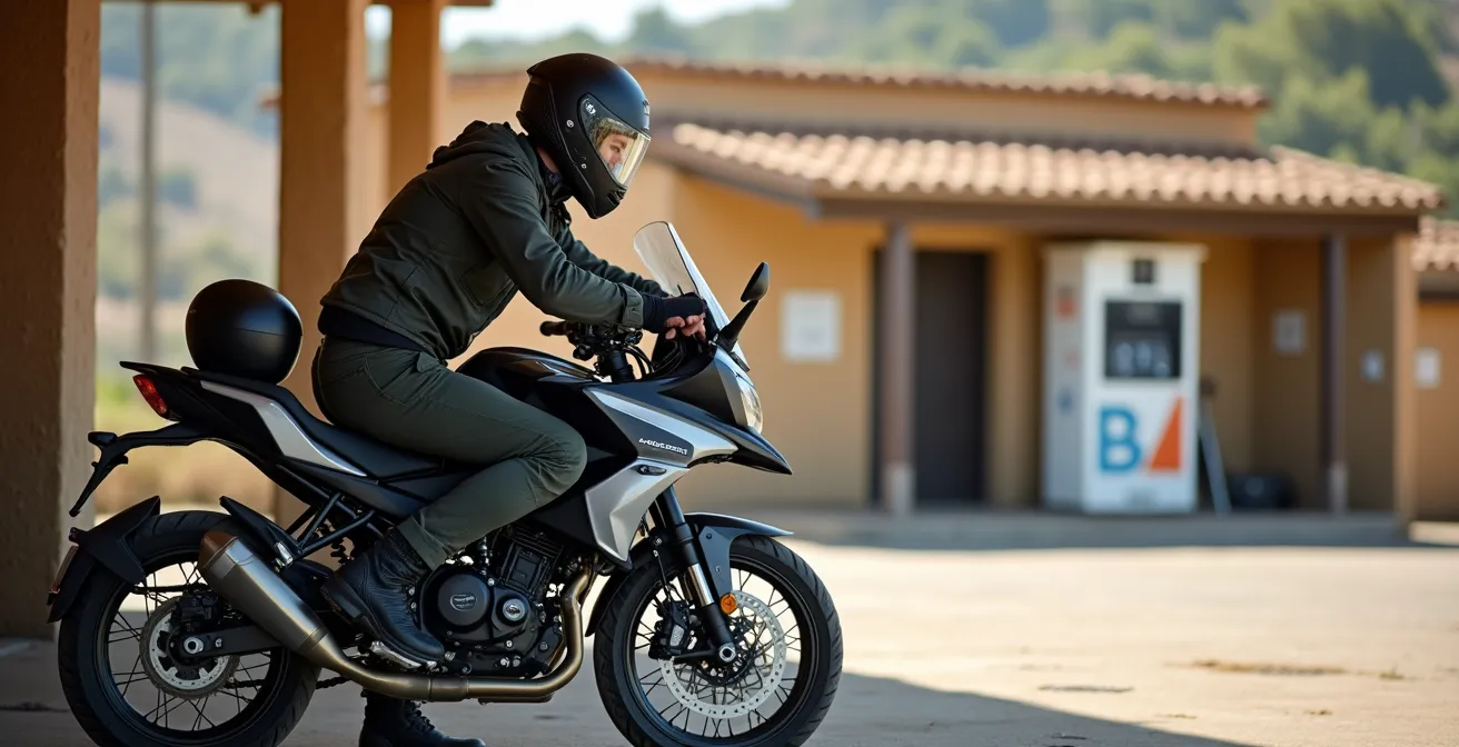 Motorista realizando estiramientos junto a su moto en un área de descanso rural española