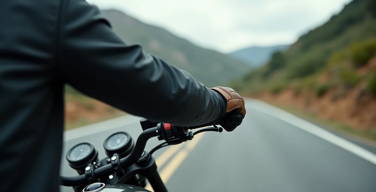 Primer plano de brazos del motorista mostrando la posición correcta con codos flexibles durante frenada