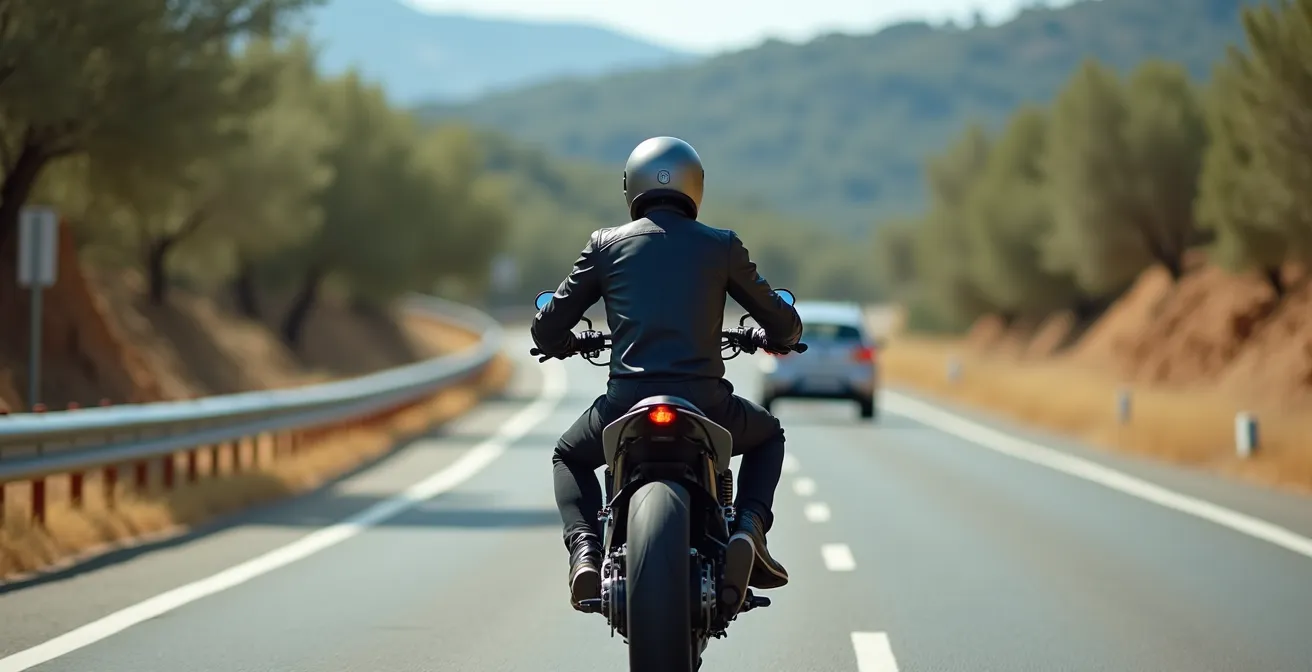 Motorista posicionado en tercio lateral del carril con espacio de escape visible