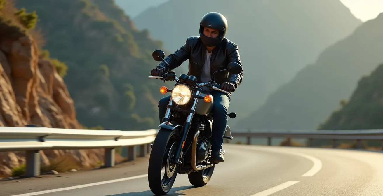 Motorista adoptando postura estilo inglés en curva de montaña con visibilidad completa