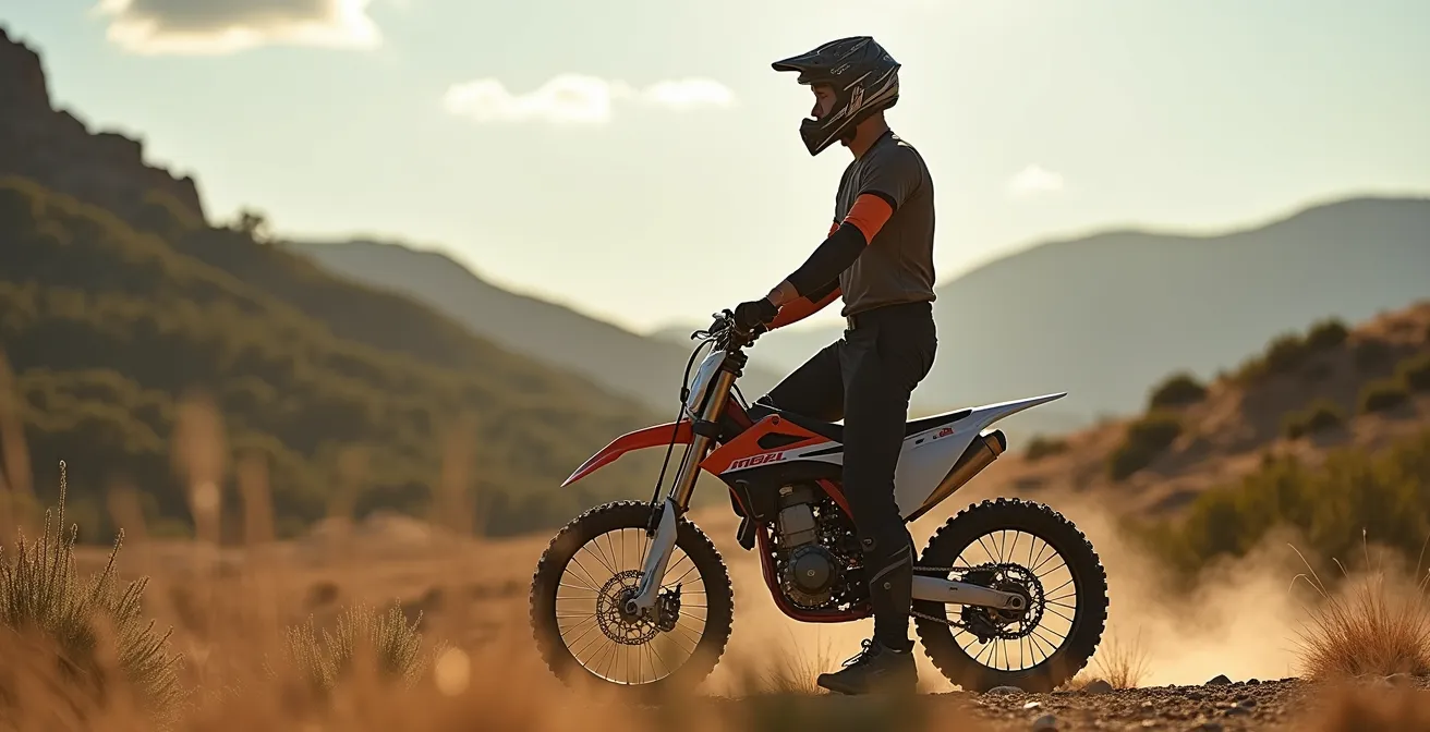 Motorista en posición de pie sobre trail mostrando flexión correcta de rodillas